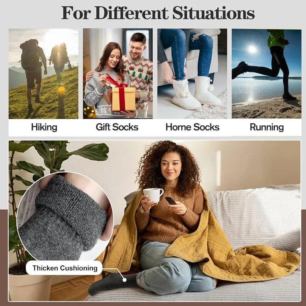 Women Merino Wool Dark Grey Sock 5 Pairs Warm Thick Crew Cozy Winter Boot Socks